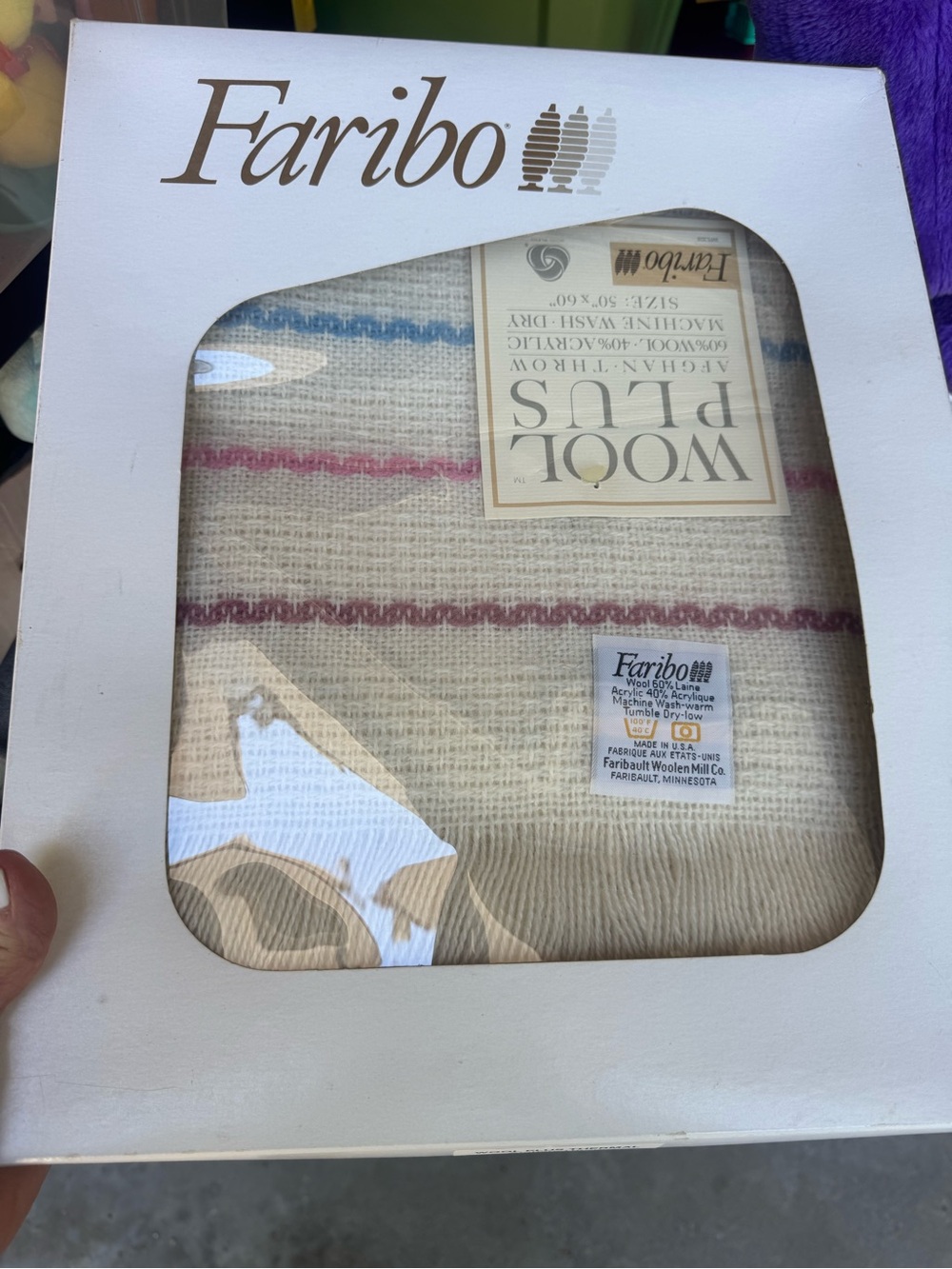 Faribo Wool Blend  Plus Striped Throw Blanket in Cream with Blue & Pink‎ Stripes